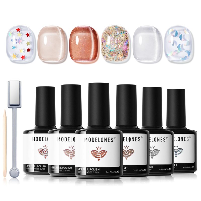 Modelones Gel Nail Polish Set, 6 Colors 2026 Nude Brown Sliver Cat Eye Gel Polish Creative Stars Moon Shape Glitter Nail Polish with Magnet& Wooden Stick All Seasons Soak Off LED Manicure Kit DIY Gift
