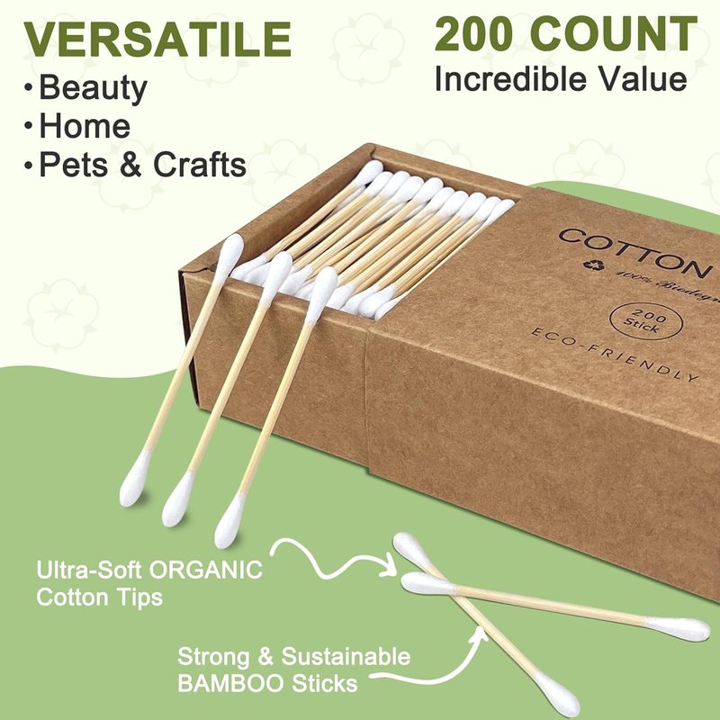 Bamboo Cotton Swabs - Biodegradable Organic Cotton Buds with Wooden Sticks | 200 Count for Makeup & Ear Cleaning