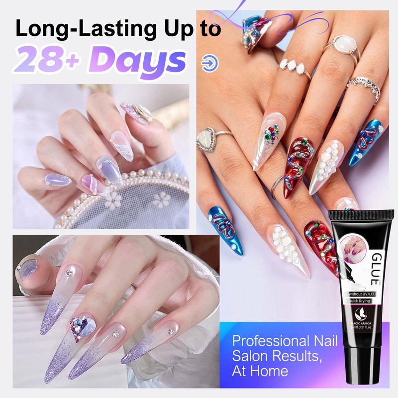 4 x 6g Nail Glue for Press On Nails with 2 x 20ml Nail Glue Remover and Tool, No UV Light Needed Semi Solid Nail Glue, Mini Tubes Quick Drying Gel Long Lasting for Fake Acrylic Nails