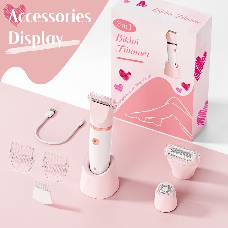 Bikini Trimmer for Women - 3 in 1Electric Razors for Silk Skin, Cordless Pubic Hair Trimmer, Replaceable Lady Shavers Kit, Bikini Shaver for Legs Body Hair, IPX7 Waterproof, White