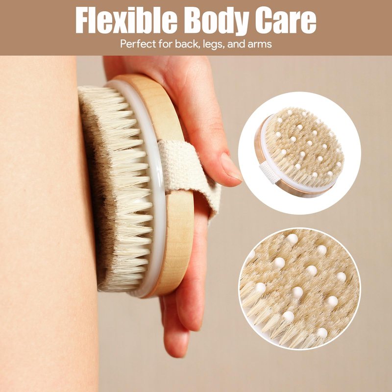 4PCS Dry Brushing Body Brush Set, Bamboo Dry Brush for Body Face Foot, Boar Bristle Long Handle Face Cleansing Shower Scrubber Brushes