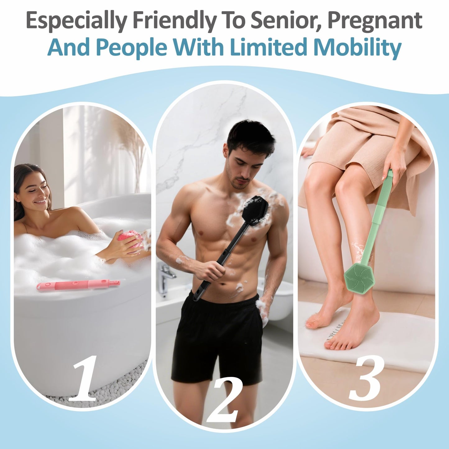 GEENOA Silicone Back/Face Scrubber & Bath Glove Set 3PCS, Extendable Back Scrubber with Dual-Side Large Head, 360° Anti-Slip Bath Glove, Unique Side-bristle Face Scrubber for All-round Cleaning(Black)