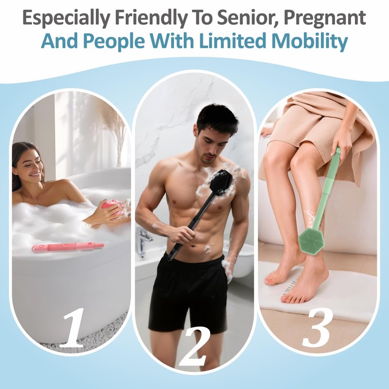 GEENOA Silicone Back/Face Scrubber & Bath Glove Set 3PCS, Extendable Back Scrubber with Dual-Side Large Head, 360° Anti-Slip Bath Glove, Unique Side-bristle Face Scrubber for All-round Cleaning(Black)