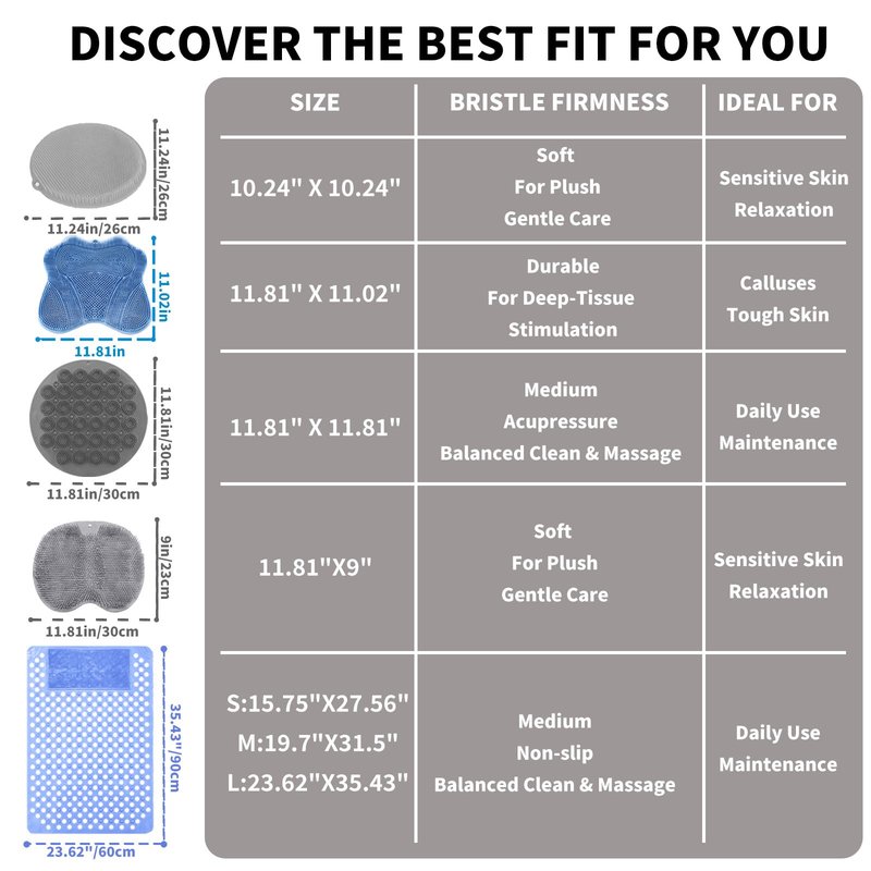 Merleu 2 Pack Shower Foot Scrubber & Shower Back Scrubber Wall Mounted with Delicate Brush,Circular Design Shower Back Scrubber,Non-Slip Foot Scrubber Mat(Grey and Blue)
