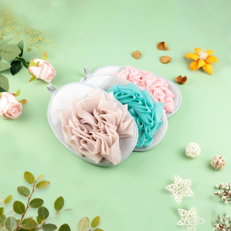 3PCS Mesh Bath Sponge Gloves with Flower Pouf Balls – Exfoliating Shower Brushes for Gentle Body Scrub & Deep Cleansing