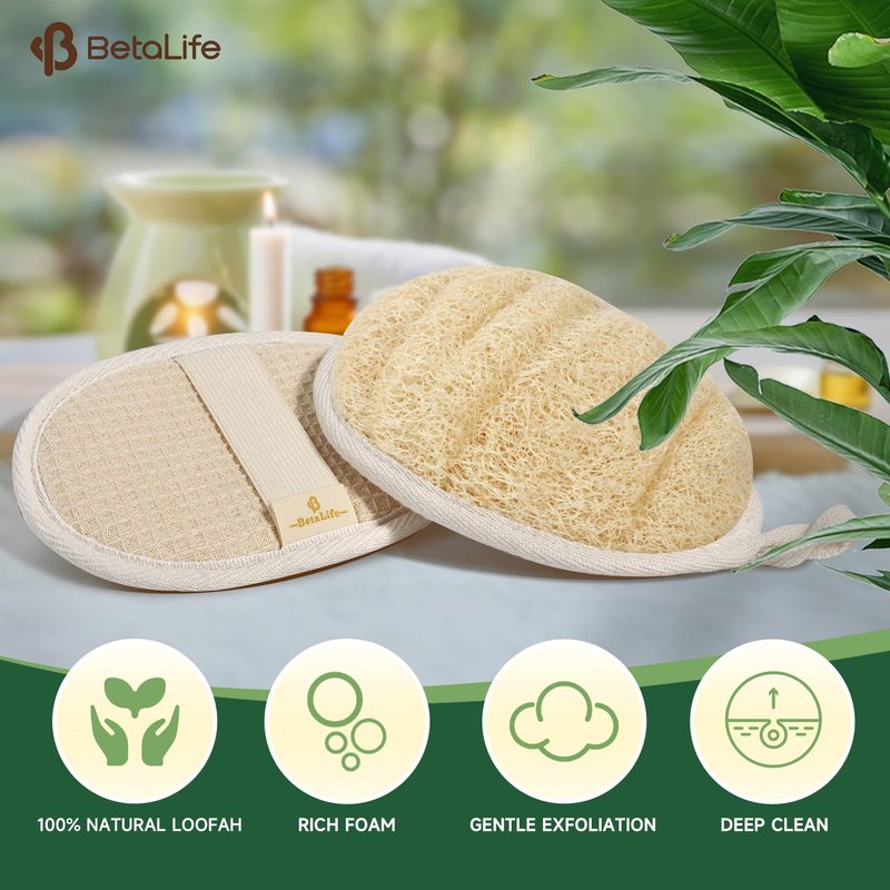 Betalife Natural Loofah Sponge Exfoliating Body Scrubber 2 Count (1 Pack), Made with Natural and Eco-Friendly Luffa for Women and Men