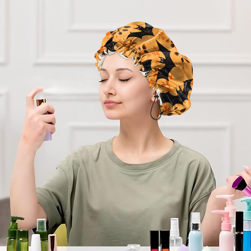 Cabreche Luxury Shower Cap Satin Silk Lined Adjustable Elastic Reusable Waterproof Shower Bath Cap Cute for Women Girls-Orange Bat