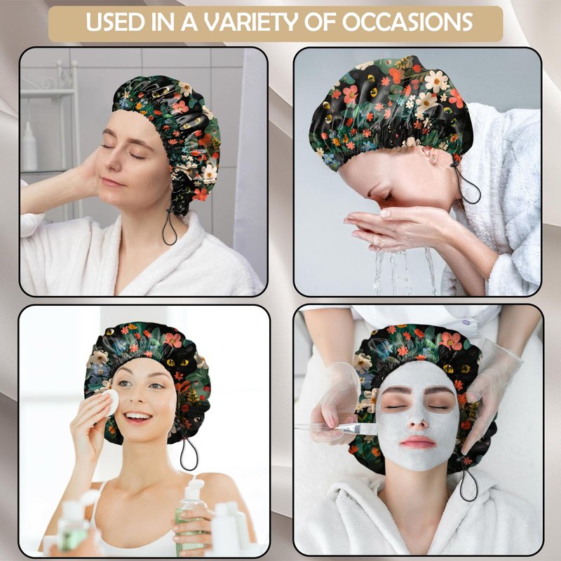 Zewurtuw 2 PCS Shower Cap Adjustable Reusable Double Waterproof Layer Elastic Hair Bath Cap Cute Aesthetic for Women Girls-Mushrooms Cat
