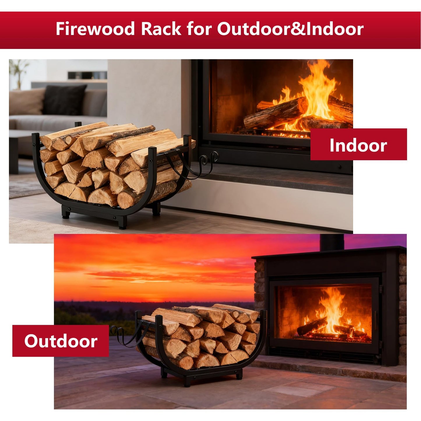 BeGyoku Firewood Rack Outdoor&Indoor,30'' Firewood Holder with Kindling Wood Hooks&Adjustable Feets,Heavy Duty Metal Log Rack,Black Curved Log Holder,Fire Wood Storage Organzier for Fireplace&Patio