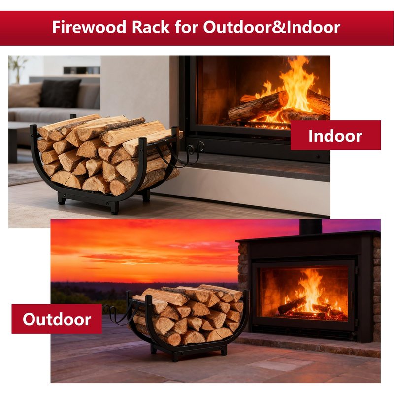 BeGyoku Firewood Rack Outdoor&Indoor,30'' Firewood Holder with Kindling Wood Hooks&Adjustable Feets,Heavy Duty Metal Log Rack,Black Curved Log Holder,Fire Wood Storage Organzier for Fireplace&Patio