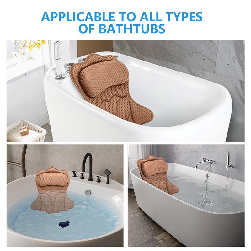REEZEIVI Bath Pillows for Tub,Bath Pillow with 6 Non-Slip Suction Cups,Soft 4D Mesh Fabric,Bathtub Pillows for Tub Neck and Back Support,Extra Thick Luxury Bathtub Pillows,Brown