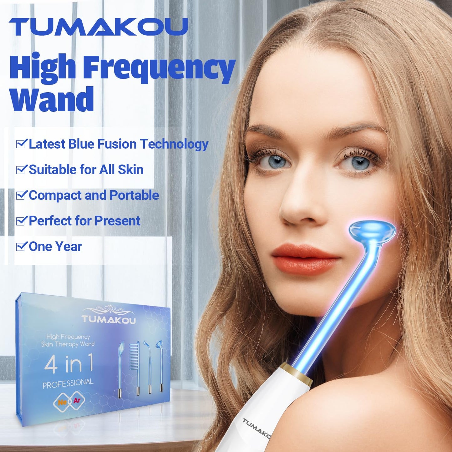 TUMAKOU High Frequency Facial Device - Portable Wand with 4 Fusion Neon & Argon Wands