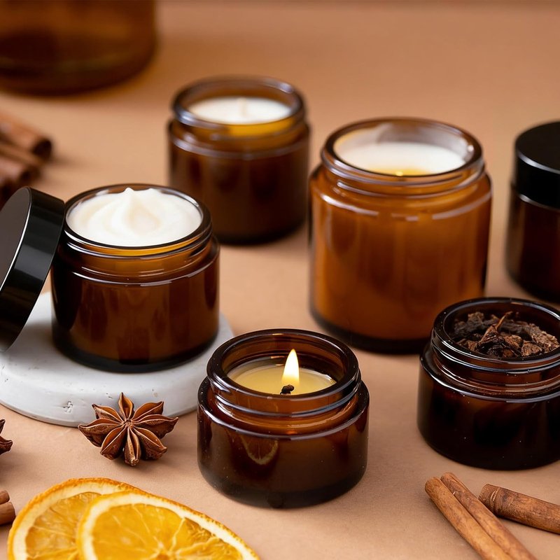 Amber Glass Jars - 30 Pcs 2 oz Leak-Proof Containers with Lids, Labels & Spatulas | Ideal for Essential Oils, Spices & Candle Making