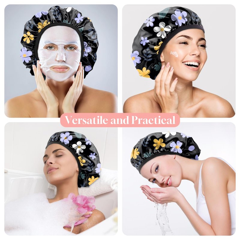 Zewurtuw Luxury Shower Cap Terry Cloth Lined EVA Waterproof Reusable Triple Layer Elastic Hair Bath Caps for Women Girls Cute-Purple Flower