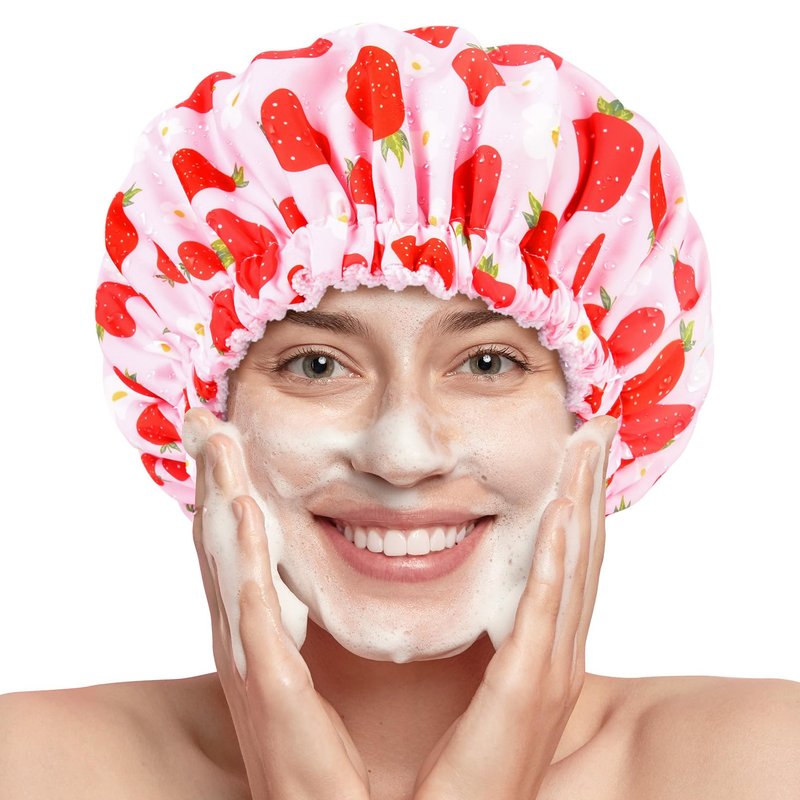 Shower Cap for Women Terry Lined Bath Cap Large Reusable Waterproof Elastic Band Pink Strawberry Shower Caps for Long Thick Hair Soft Bath Shower Hair Caps