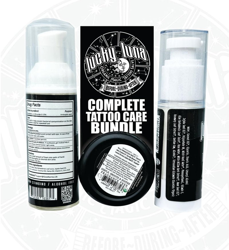 LuckyLuna Complete Tattoo Care Bundle, Aftercare Kit, Includes Foaming Soap, 1oz Organic Magic Salve, Tattoo and Body Lotion, Professional Healing