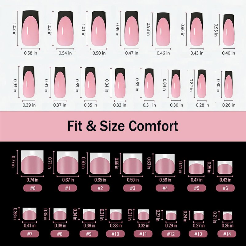 YeeLam 60Pcs 2-in-1 Press on Nails and Toenails – Glossy Black French Tip with Pink Base, 15 Sizes Square Soft Gel Fake Nails, Beginner Friendly Travel Set