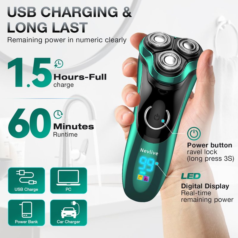 Electric Razor for Men, Cordless Rechargeable Rotary Shaver with Pop-Up Trimmer, IPX6 Waterproof Wet & Dry Electric Razor, Includes Charging Stand – Mens Electric Shaver for Face and Travel