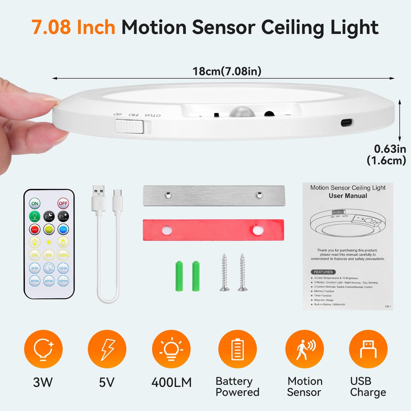 HLCZLUZ Rechargeable Motion Sensor Ceiling Light Indoor Outdoor w/Remote, 7.08 Inch Battery Operated Flush Mount Ceiling Light 3000K 4000K 6000K 400LM Dimmable for Closet Hallway Laundry Stairs (1)