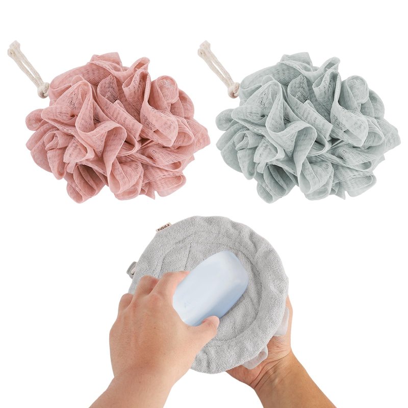 Diakey 2 Pack Soap Bar Loofah, Exfoliating Loofah Washcloth with Drawstring Soap Pouch Bag, Bath Shower Sponge Gentle Body Scrubber, Pink + Grey