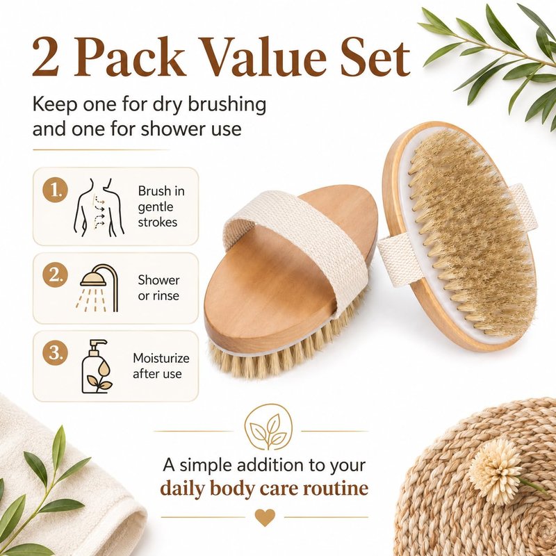OPAZ Dry Body Brush 2 Pack, Natural Boar Bristle Exfoliating Body Brush for Dry Brushing, Handheld Shower Brush Scrubber with Wooden Handle & Cotton Strap, Skin Exfoliator Brush for Women and Men