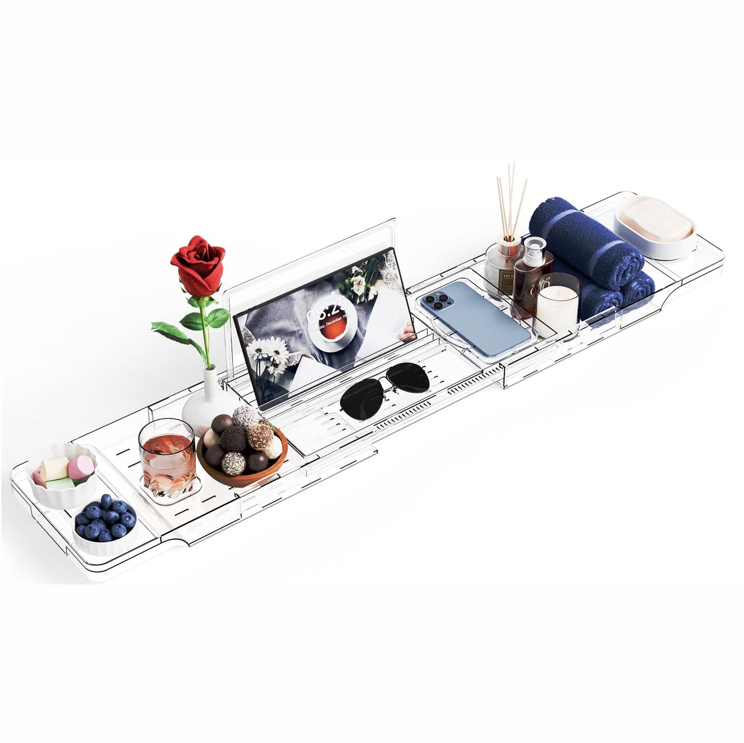 Yieach Luxury Clear Acrylic Bathtub Tray with Book Holder,Expandable Bath Tray for Tub and Bath Shelf Over Tub,Plastic Bath Table & Board,Bath Caddy Trays & Accessories for Women Relaxing Spa Gifts