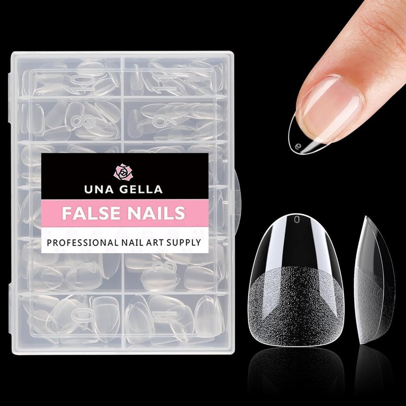 UNA GELLA Extra Short Almond Nail Tips - 216PCS Full Cover Soft Gelly Gel Clear Fake Nails | 12 Sizes for DIY Salon Use