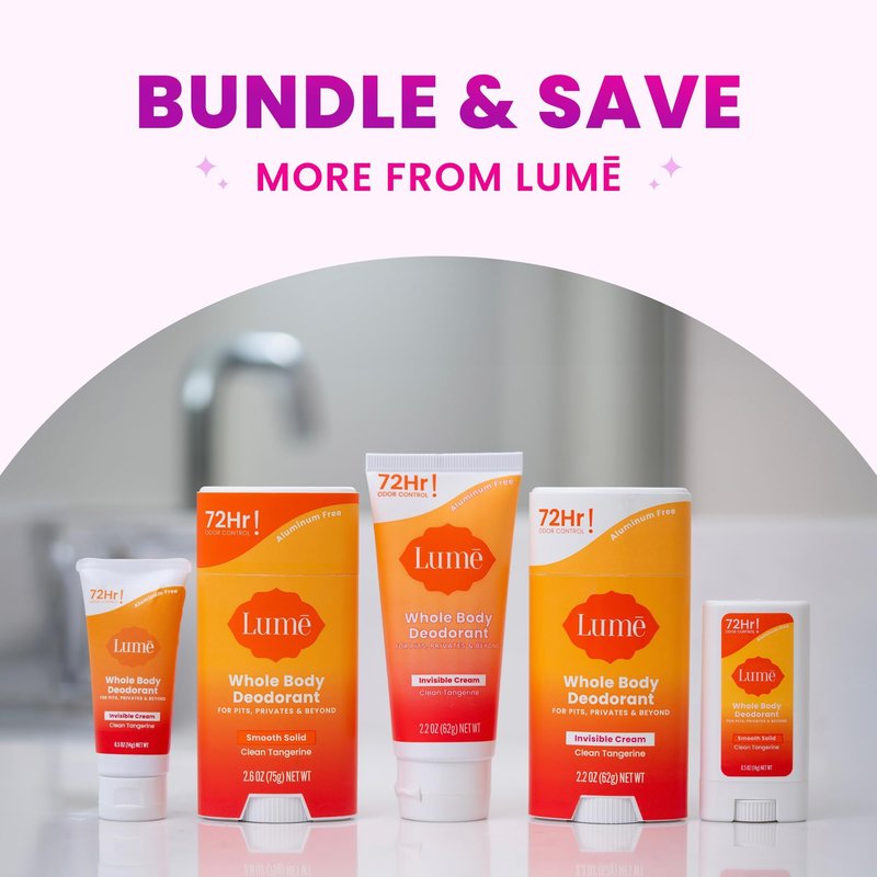 Lume Whole Body Deodorant - Invisible Cream Stick - 72 Hour Odor Control - Aluminum Free, Baking Soda Free, Skin Safe - 2.2 Ounce (Clean Tangerine)