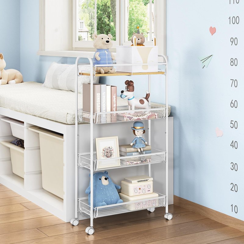 TOOLF 4-Tier Slim Rolling Cart, Metal Utility Cart, Slide Out Storage Cart with Wooden Tabletop and Mesh Baskets for Narrow Space on Kitchen Bathroom Laundry Room Bedroom Apartments Dormitory