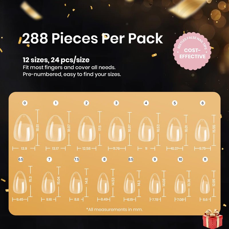 Beetles Extra Short Almond Nail Tips, 12 Sizes 288 PCS Pre-Shaped Clear Full Cover Etch Gel Nail Tips Clear Acrylic Press on Nails Extension for Girls Women Nail Art Design, Nail Glue Needed