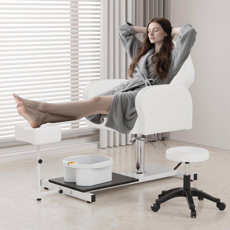 KIGOTY Pedicure Chair No Plumbing for Nail Tech, 360° Swivel Nail Tech Pedicure Chair for Salon with Massage Bath Bowl & Footrest, Height Adjustable Reclining Foot Station Unit, Foot Spa Chairs, White