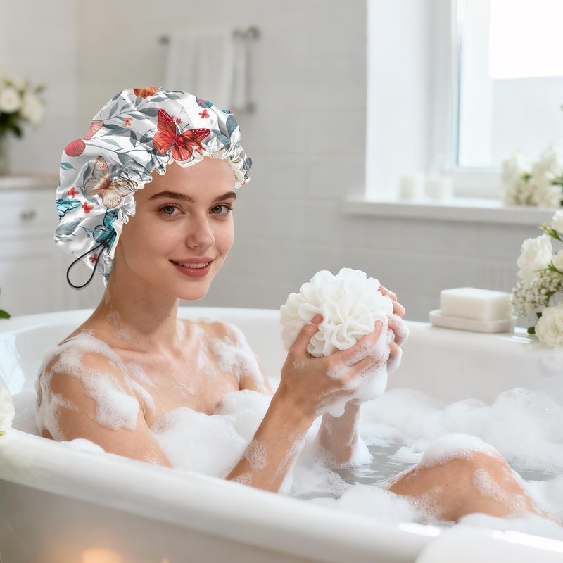 BHAHB Shower Cap Reusable Double Layer Adjustable Elastic Waterproof EVA Hair Bath Caps for Women Girls Cute Aesthetic-Butterfly