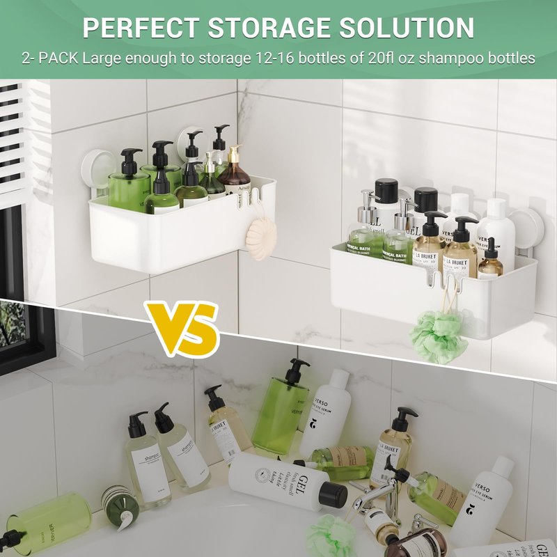 LUXEAR Shower Caddy Suction Cup Shower Basket 2 Pack, NO-Drilling Removable Plastic Shower Shelf Organizer for Bathroom Storage & Kitchen Max Hold 22lbs,Waterproof,One Second Installation Shower Rack