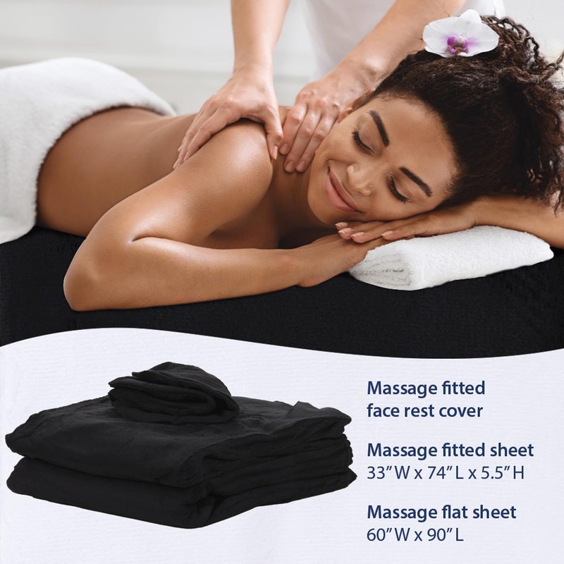 ForPro Luxury TerrySoft 3-Piece Massage Sheet Set, Black, Ultra-Soft, Stain and Wrinkle-Resistant, Includes Flat and Fitted Sheets and Face Rest Cover