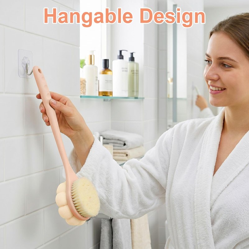 Back Scrubber for Shower with Long Handle, Double-Sided Shower Brush for Body, Loofah Back Scrubber & Bristle Bath Brush, Back Brush for Shower Exfoliating Hard-to-Reach Areas, Bath Brush Long Handle