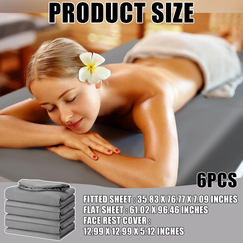 Preboun Microfiber Massage Table Sheet Set - 3-Piece Spa Bed Sheets in Grey | Includes Flat, Fitted & Face Rest Cover