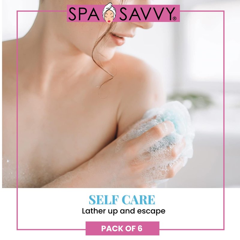 Spa Savvy Bath Loofah Set, 6 Pack Shower Pouf Body Sponges with Suction Cups, Exfoliating Bath Accessories for Men and Women, Multicolor