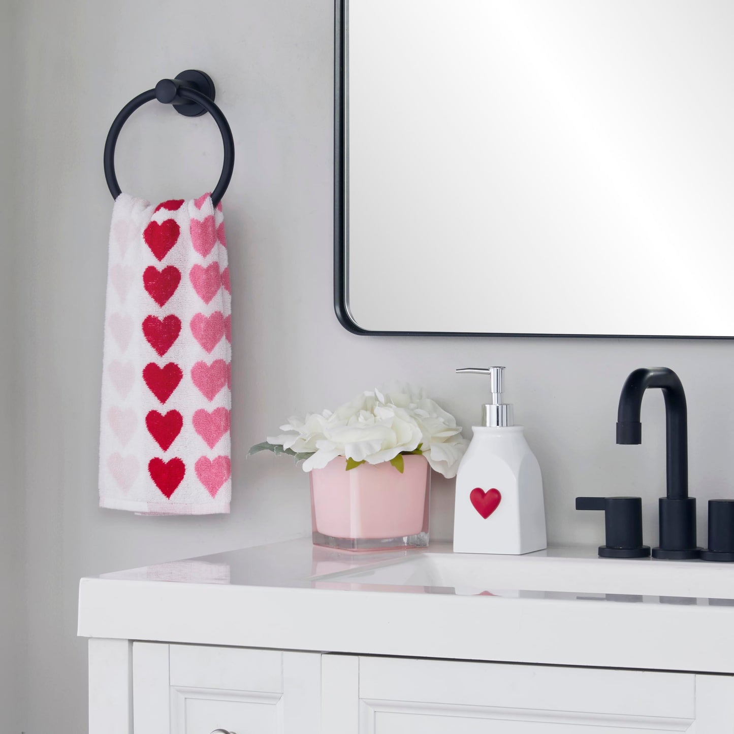 SKL Home Valentine's Tonal Hearts Jacquard 100% Cotton Reversible 2pc Hand Towel Set, Decorative for Bath/Kitchen/Bar & Gift, Pink