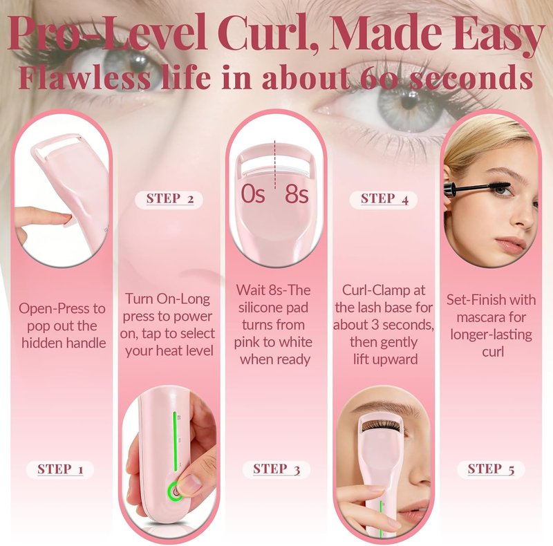 Skiennix Heated Eyelash Curler - 3 Heat Levels, Fast 8s Heating, USB-C Rechargeable, Anti-Burn Pad | Pink