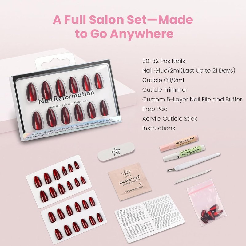 Burgundy Red Press On Nails - Short Almond Cat Eye Velvet Finish | 32 Pcs, Reusable Stick-On Nail Kit for Women