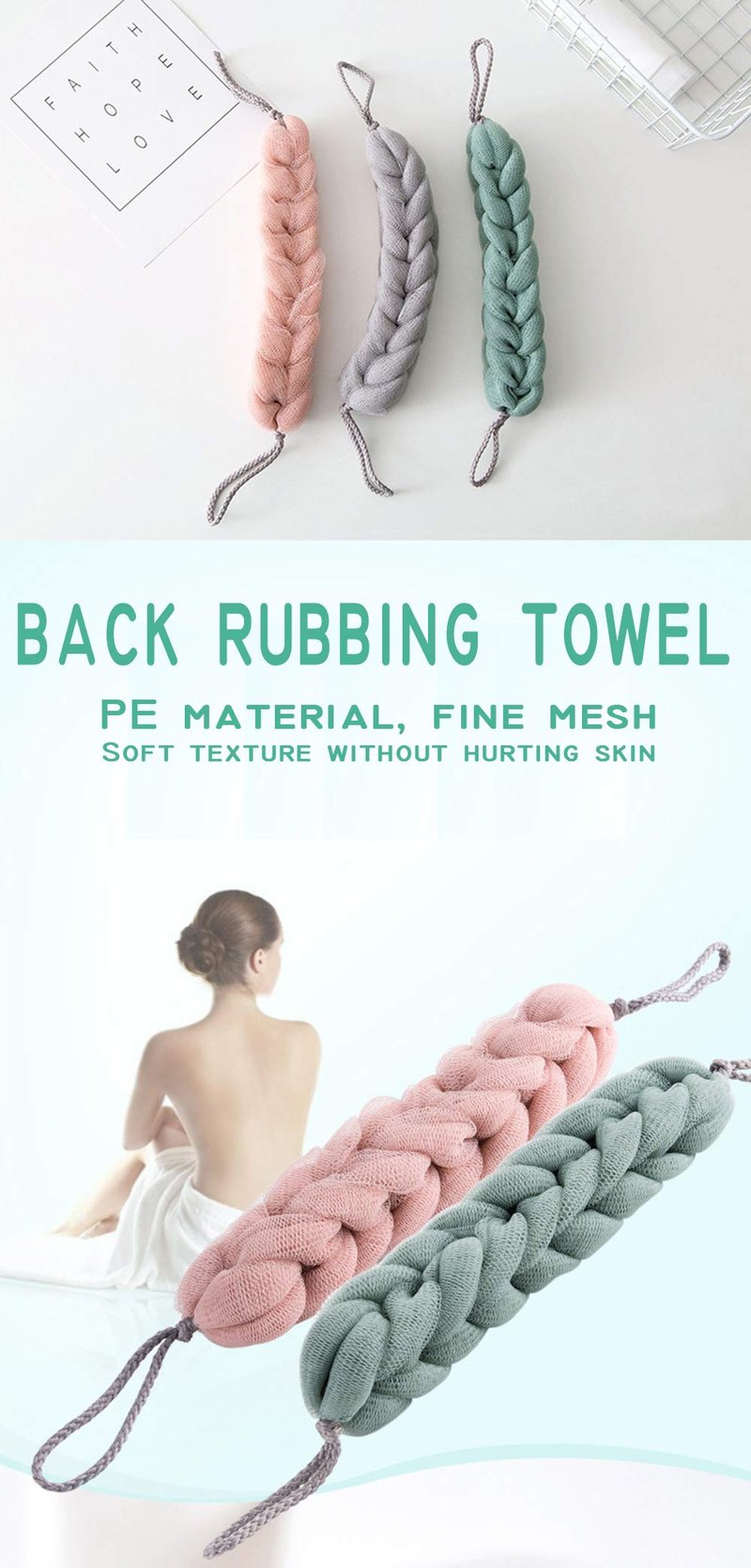 AARainbow 4 Packs Long Stretch Back Sponge with Rope Handles Back Scrubber Bath Shower Mesh Sponge Exfoliating Body Scrub Stretch Braided Loofah for Men and Women(2 Gray+2 Green)
