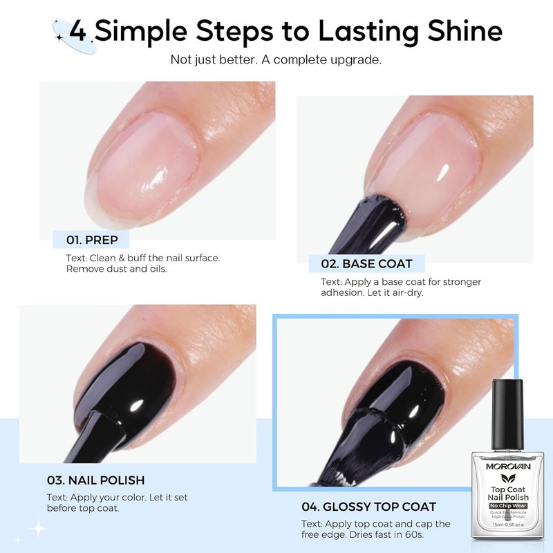 Morovan Top Coat Nail Polish - 14 Day No Chip Quick Dry Formula | High Gloss Clear Finish, 0.5 fl oz