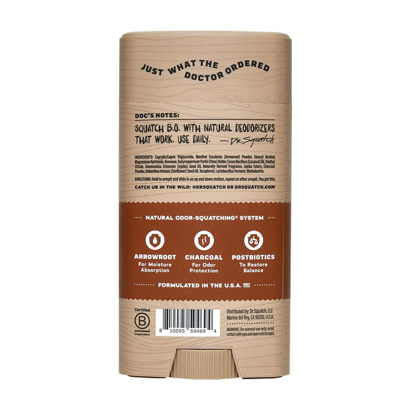 Dr. Squatch Natural Men’s Deodorant – Aluminum Free Natural Deodorant Men with Charcoal & Postbiotics for 72-Hour Odor Protection – Wood Barrel Bourbon, 2.65oz Stick