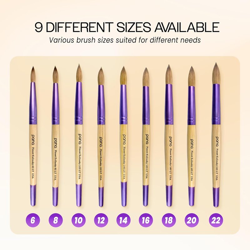 Pana Acrylic Nail Brush Pure Kolinsky Hair Beige Purple Wood Handle with Purple Ferrule Round Shaped Style (Size # 6)
