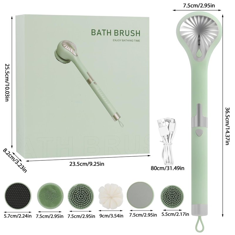 Electric Body Brush Back Scrubber for Shower, Waterproof Long Handle Power Body Scrubber with 6 Heads, Rechargeable Bath Brush & 3 Speeds, for Cleansing, Exfoliating and Massaging Skin (Green)