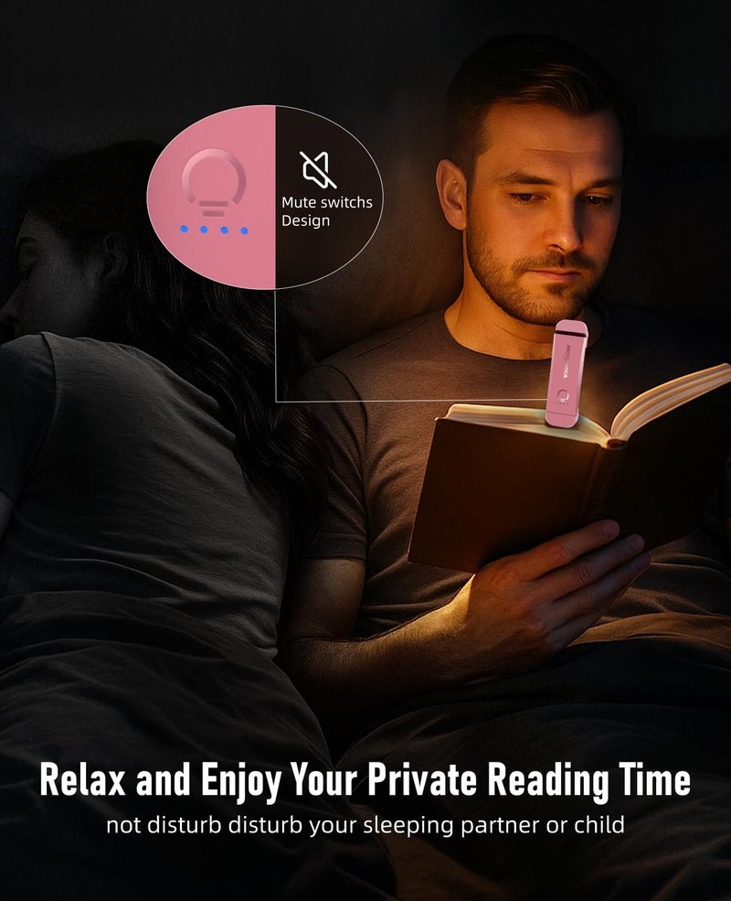 HIONXMGA Book Reading Light,Silent Touch Lamp for in Bed,Rechargeable Clip on Booklight with 3 Amber Colors & Precise Dimming Night Reading,Best Gift Lovers,Kids,Pink,(SD-10)