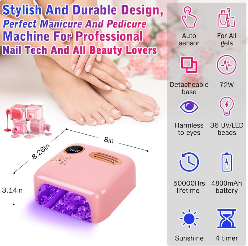 Cordless UV LED Nail Lamp - 72W Rechargeable Gel Nail Dryer with Patented Replaceable Light Board - Extra Spare Panel Included - Professional Wireless Curing Lamp for All Gels & Salon