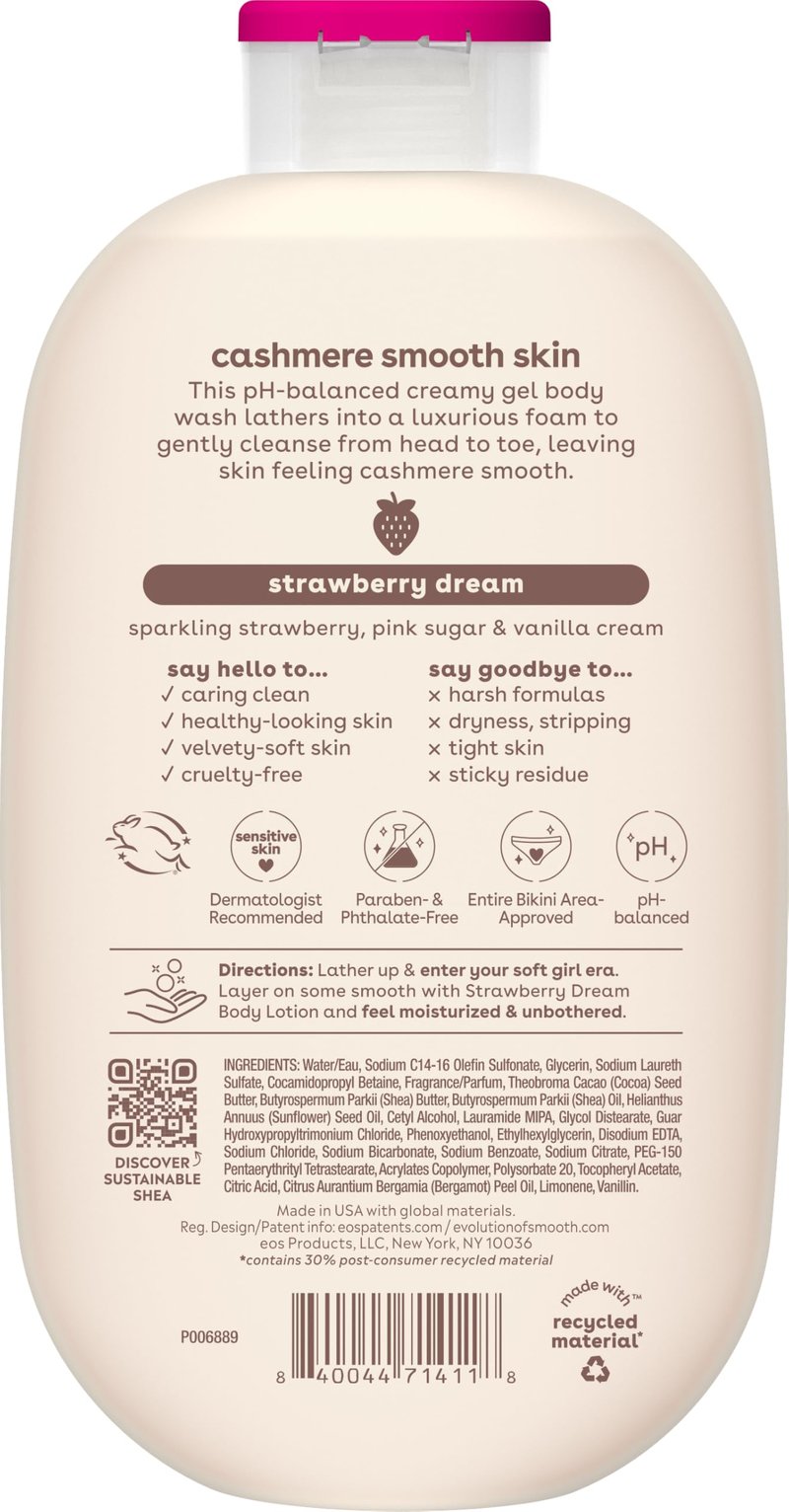 eos Cashmere Body Wash – Strawberry Dreams, Moisturizing Body Wash, Creamy Gel Formula, with Shea Butter, Glycerin, Vitamin E, pH Balanced, Sensitive Skin, Vegan, 16 fl oz