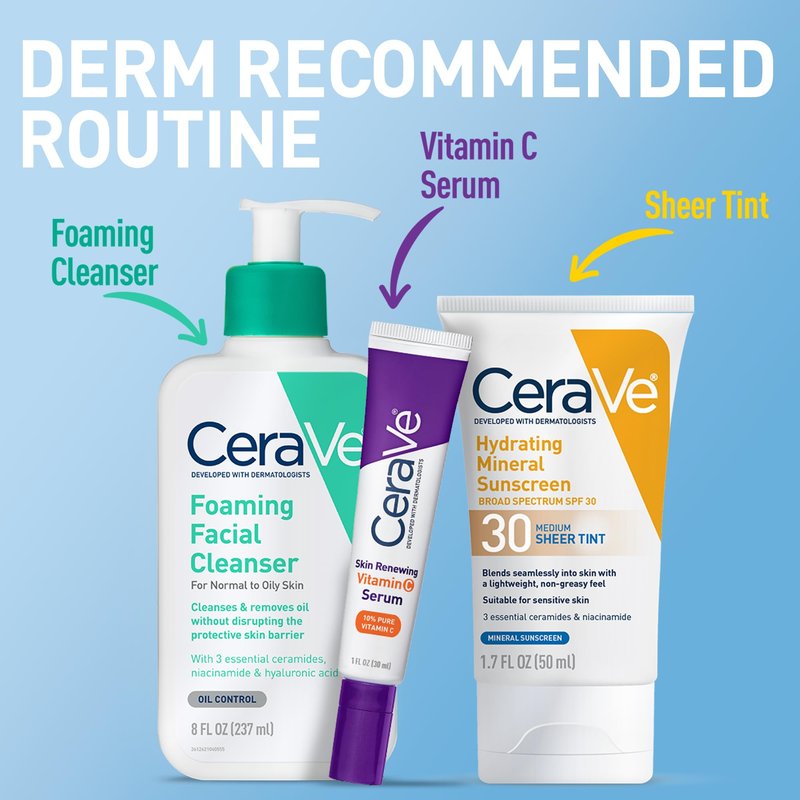 CeraVe Hydrating Mineral Sunscreen SPF 30 with Sheer Tint, Tinted Mineral Sunscreen with Zinc Oxide & Titanium Dioxide, Blends Seamlessly For Healthy Glow, Medium, 1.7 Fluid Ounce