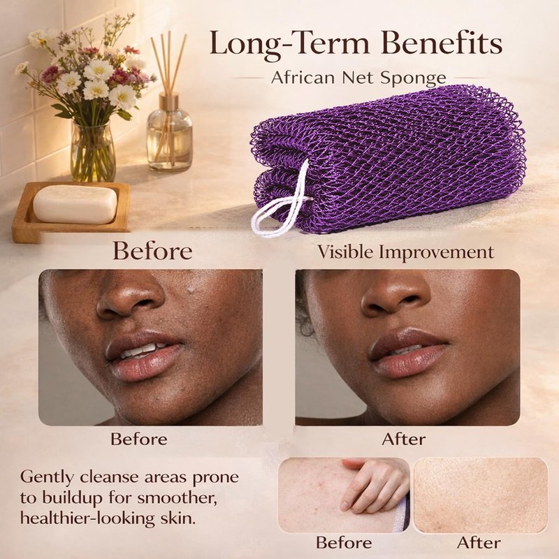 African Net Sponge Authentic, 4 Pieces African Exfoliating Net Sponge Body Back Scrubber Exfoliating Washcloth for Shower Bath for All Types (Black+Olive Green+Pink+Champagne Gold, 4 Pcs)